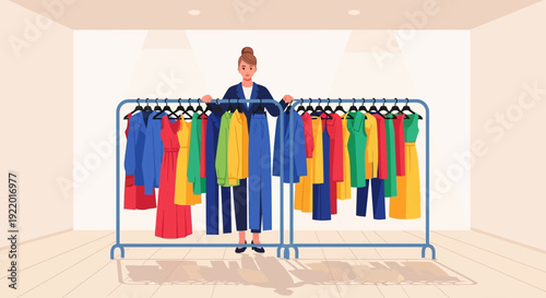 Fashion stylist organizing a clothing rack with colorful garments