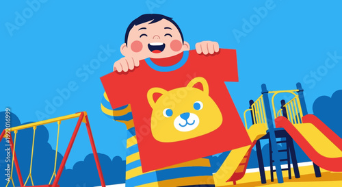Cute Red T-shirt with Yellow Bear Design Held by Smiling Boy