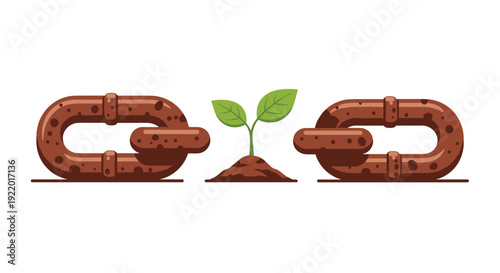 Two robust, rusty chain links are separated by a small vibrant green sprout growing from a dark soil mound on a pristine white background.