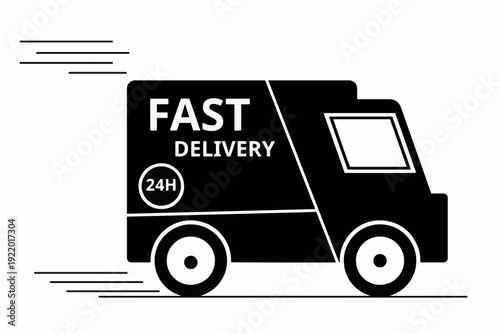 Fast delivery truck icon with 24h express service, speed shipping van for ecommerce logistics and 24 hours courier delivery concept