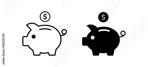 Piggy Bank Icon Set. Piggy Bank Savings Icon in Flat and Outline Vector Style. savings money Icon, Baby pig, money, saving, finance, currency,