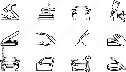 Collection of twelve black and white automotive repair icons featuring tools, welding, painting, sanding, dent removal, cleaning, polishing, and mechanical service representing car maintenance 