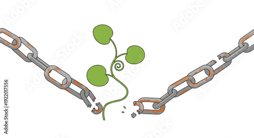 A heavily rusted and broken metal chain lies across a white background, with a vibrant green plant growing from its fractured links.