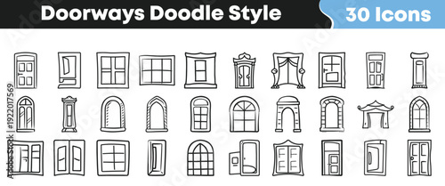 Collection of thirty unique hand drawn doodle style icons depicting various doorways windows and architectural openings for design projects
