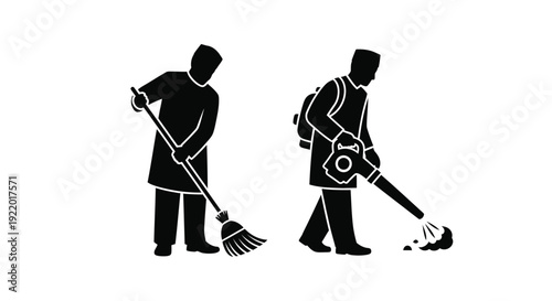 Two figures cleaning with tools a striking black silhouette
