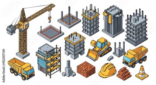 Isometric Construction Site Elements and Building Equipment Set
