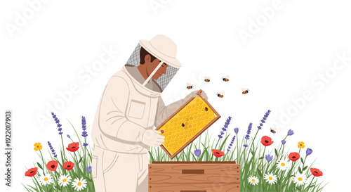A beekeeper in a protective suit inspects a honeycomb frame from a wooden beehive, amidst a vibrant field of colorful wildflowers with buzzing bees.