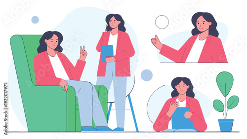 Four young business women: one sitting, one holding a tablet, one giving a thumbs up, and one showing gratitude.