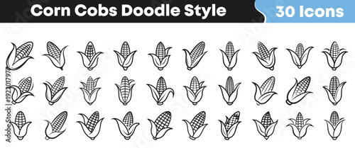 Thirty unique doodle style icons illustrating various depictions of fresh corn cobs ready for harvest or cooking applications