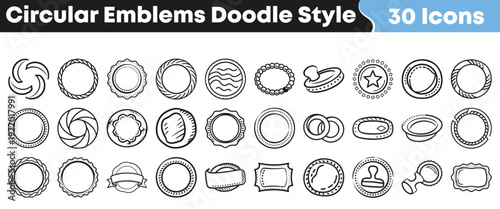 A delightful collection of thirty hand-drawn circular and diverse doodle-style emblems, badges, and frames, perfect for creative design projects requiring an artistic touch.