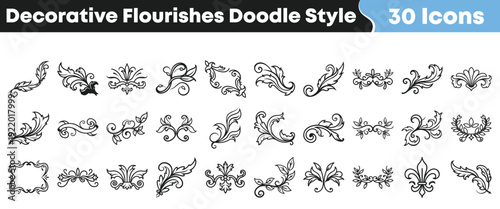 Collection of thirty hand drawn decorative flourishes and ornamental victorian style dividers presented in a doodle aesthetic