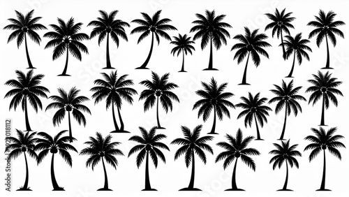 Black Palm Tree Silhouette Icon Set – Tropical Coconut and Exotic Island Tree Collection