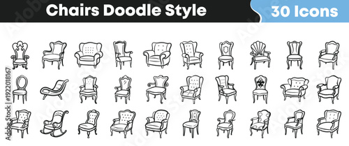 A collection of 30 hand-drawn doodle style chair icons featuring various antique, classic, and vintage furniture designs perfect for graphic design projects and digital illustrations.