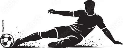Dynamic soccer player silhouette vector illustration depicting a slide tackle with a football, isolated on a transparent background. This black and white graphic captures intense sports action.