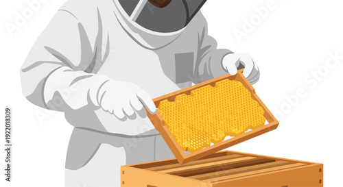 A beekeeper's gloved hands carefully hold a heavy, full honeycomb frame filled with golden wax cells above an open wooden beehive box.