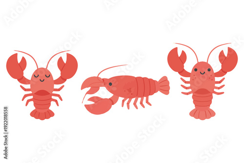 Konstfotografi Cute Red Lobster Vector Character Set, Sea Life Animal Illustration, Marine Crus