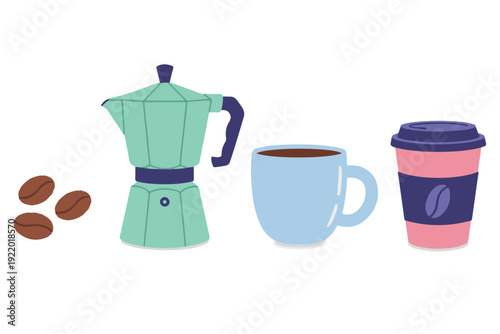 Coffee Brewing Elements Vector Illustration with Moka Pot Cup and Coffee Beans