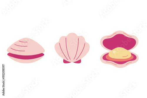 Pink Seashells Collection with Open Clam and Pearl Vector Illustration