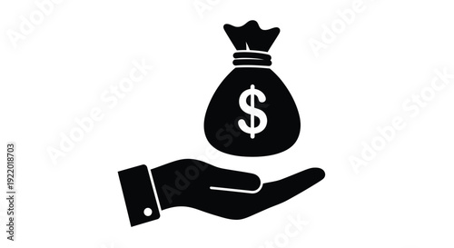 Simple black and white vector illustration depicting a cupped open hand receiving or offering a tied money bag marked with a prominent dollar sign symbol