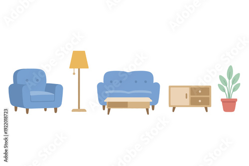 Modern Living Room Furniture Set with Sofa Armchair and Cabinet Vector