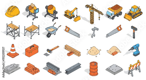 Isometric Construction Icons: Building Tools, Heavy Machinery & Materials Vector Set