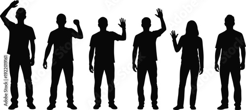 Black silhouette collection of diverse professional people in various poses on white background, group of men and women standing, and celebrating business success concept, isolated.