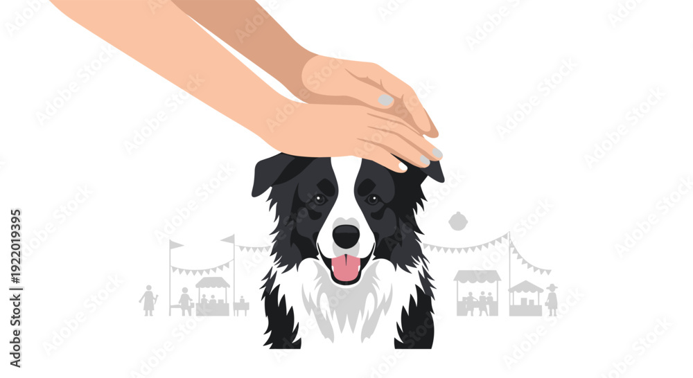 Fototapeta premium A pair of human hands gently pets the head of a happy black and white Border Collie dog, with a blurred outdoor market in the background.