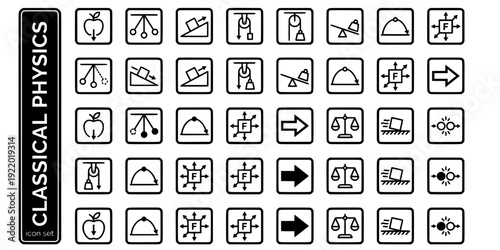 Classical Physics Bold Line Icons-Newton Gravity Pendulum Pulley Lever Projectile Velocity Mass Friction Momentum-25 Physics Icon Set Vector - Classical Physics Icons