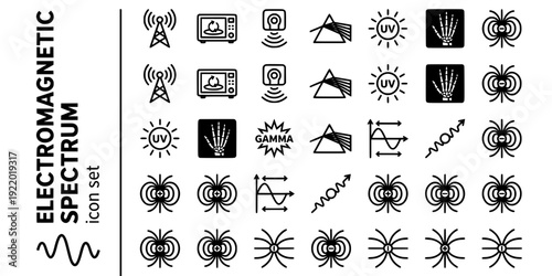 Electromagnetic Spectrum Bold Line Icons-Radio Wave Microwave Infrared Visible Light UV Xray Gamma Wavelength Photon-20 Spectrum Icon Set Vector - EM Spectrum Icons