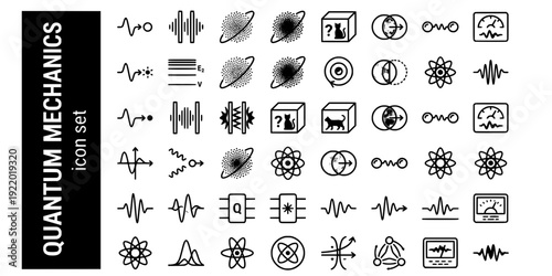 Quantum Mechanics Bold Line Icons-Wave Particle Duality Double Slit Schrodinger Superposition Entanglement Uncertainty-Physics Icon Set Vector - Quantum Icons