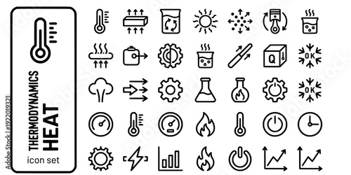 Thermodynamics Heat Transfer Bold Line Icons-Thermometer Conduction Convection Radiation Entropy Carnot Boiling Thermal-25 Thermodynamics Icon Set Vector - Heat Transfer Icons