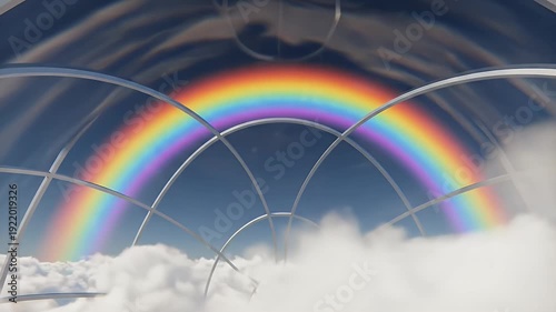 Rainbow Visible Through Greenhouse Dome Structure.
