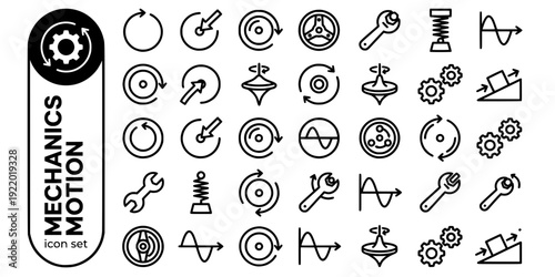 Mechanics Motion Bold Line Icons-Circular Motion Centripetal Angular Velocity Rotational Torque Harmonic Gyroscope Gear-25 Mechanics Icon Set Vector - Motion Physics Icons