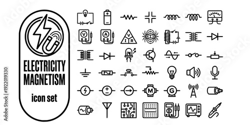 Electricity Magnetism Bold Line Icons-Circuit Battery Resistor Capacitor Voltmeter Ohms Law Magnetic Field Electromagnet-30 Electricity Icon Set Vector - Magnetism Icons