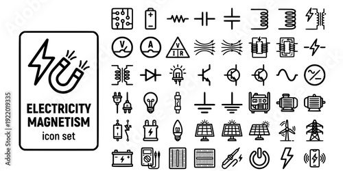 Electricity Magnetism Bold Line Icons-Circuit Battery Resistor Capacitor Voltmeter Ohms Law Magnetic Field Electromagnet-30 Electricity Icon Set Vector - Magnetism Icons