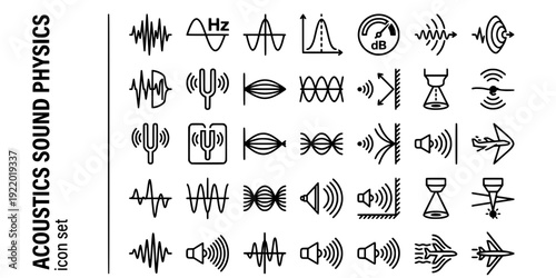 Acoustics Sound Physics Bold Line Icons-Sound Wave Frequency Amplitude Decibel Doppler Resonance Standing Wave Echo-20 Acoustics Icon Set Vector - Sound Physics Icons