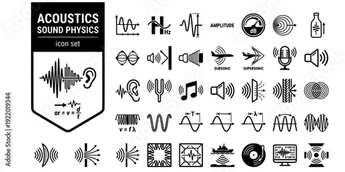 Acoustics Sound Physics Bold Line Icons-Sound Wave Frequency Amplitude Decibel Doppler Resonance Standing Wave Echo-20 Acoustics Icon Set Vector - Sound Physics Icons