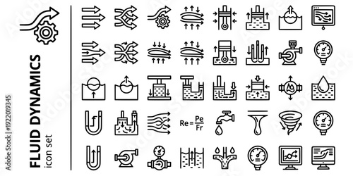 Fluid Dynamics Hydraulics Bold Line Icons-Laminar Flow Turbulent Bernoulli Pascal Buoyancy Hydraulic Reynolds Viscosity-20 Fluid Icon Set Vector - Hydraulics Icons
