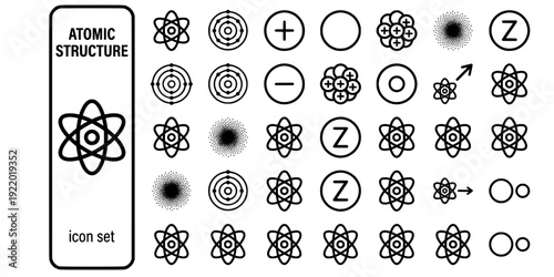 Atomic Structure Bold Line Icons-Bohr Atom Electron Shell Proton Neutron Nucleus Electron Cloud Isotope Ionization-20 Atomic Icon Set Vector - Atomic Structure Icons
