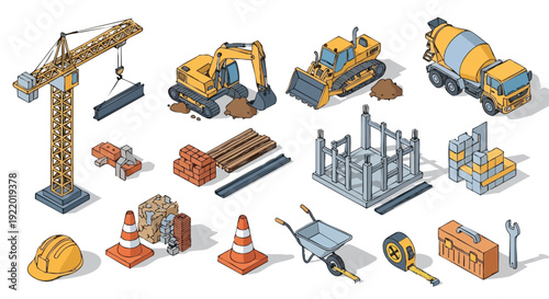 Isometric Construction Site Elements Set: Heavy Machinery, Building Materials, and Worker Tools. Architecture and Engineering Vector Icons Collection.