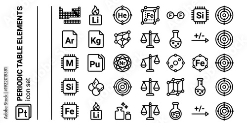 Periodic Table Elements Bold Line Icons-Alkali Metal Noble Gas Transition Metal Halogen Metalloid Atomic Weight Electron Config-25 Chemistry Icon Set Vector - Periodic Table Icons