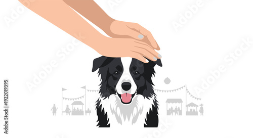 A pair of human hands gently pets the head of a happy black and white Border Collie dog, with a blurred outdoor market in the background.