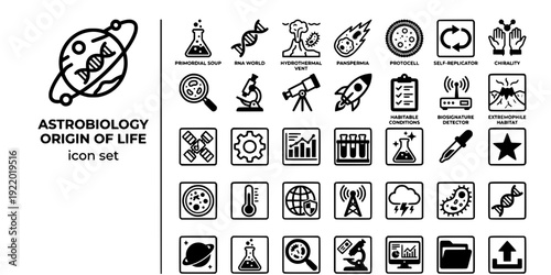 Astrobiology Origin of Life Bold Line Icons-Primordial Soup RNA World Hydrothermal Vent Panspermia Protocell Biosignature Extremophile-20 Astrobiology Icon Set Vector - Origin Life Icons