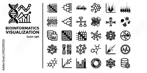 Bioinformatics Visualization Bold Line Icons-Sequence Alignment Phylogenetic Protein Domain Gene Ontology Volcano Plot GWAS-20 Bioinformatics Icon Set Vector - Computational Biology Icons
