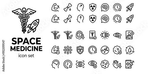 Space Medicine Human Physiology Bold Line Icons-Muscle Atrophy Bone Density Fluid Shift Radiation Isolation Circadian Vision-20 Space Medicine Icon Set Vector - Astronaut Health Icons