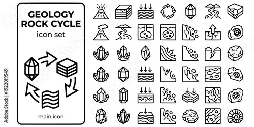 Geology Rock Cycle Bold Line Icons-Igneous Sedimentary Metamorphic Rock Cycle Mineral Crystal Lava Magma Erosion Tectonic-25 Geology Icon Set Vector - Earth Science Icons