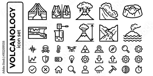 Volcanology Bold Line Icons-Stratovolcano Lava Types Ash Cloud Pyroclastic Flow Caldera Lava Tube Magma Eruption Lahar-20 Volcanology Icon Set Vector - Volcano Science Icons