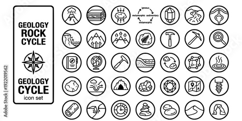 Geology Rock Cycle Bold Line Icons-Igneous Sedimentary Metamorphic Rock Cycle Mineral Crystal Lava Magma Erosion Tectonic-25 Geology Icon Set Vector - Earth Science Icons