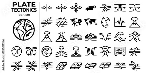 Plate Tectonics Bold Line Icons-Tectonic Plate Convergent Divergent Transform Fault Subduction Seafloor Mid Ocean Pangaea-20 Tectonics Icon Set Vector - Geology Icons