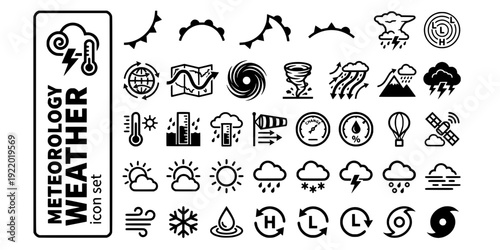 Meteorology Weather Systems Bold Line Icons-Weather Front Cumulonimbus Pressure Coriolis Jet Stream Hurricane Tornado Monsoon-25 Meteorology Icon Set Vector - Weather Science Icons